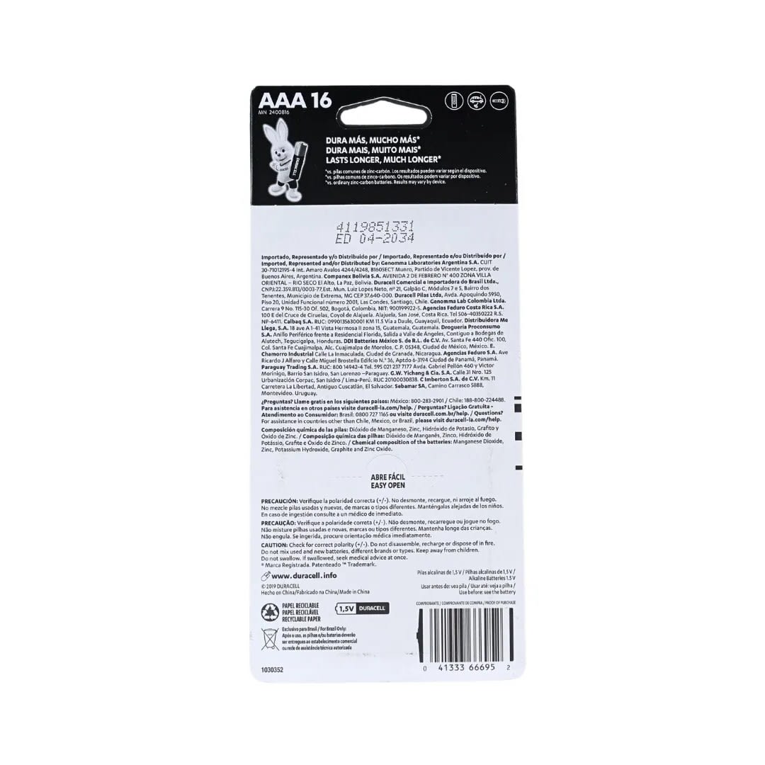 PILAS ALCALINAS AAA X16 ZINC/CARBON 1.5V DURACELL3