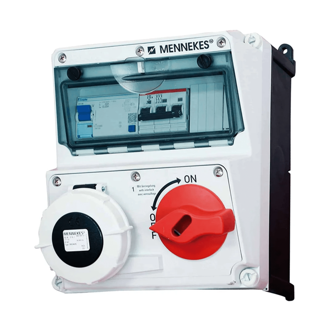 CAJA COMBINADA AMAXX IP67 C/BLOQ.MECA. DUO 1 TOMA 3P+T 32A 500V 7H C/INTERRUPT.TERMO 3X32A + 1 INTERRUPT.DIFERENCIAL MENNEKES