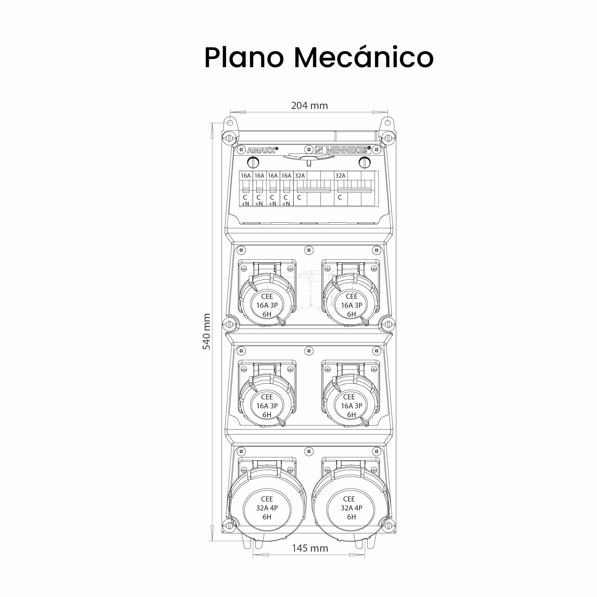 CAJA COMBINADA AMAXX IP67 2 TOMAS 3P+T 32A IP67 + 2 INTERRUPT.TERMO 3X32A + 4 TOMAS 2P+T 16A 230V IP67 + 4 INTERRUPT. TERMO 2X16A MENNEKES3