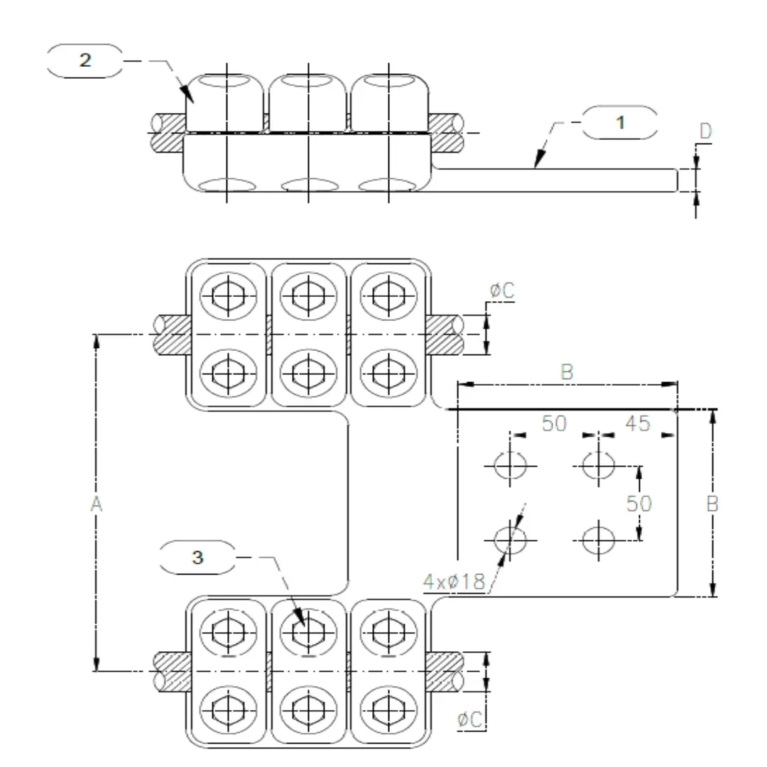 CONECTORES DOBLE ANTICORONA RECTO CABLE-PLATINA C:625-760MM P:125X125X20MM MODELO 999.11 ARAGCU EI