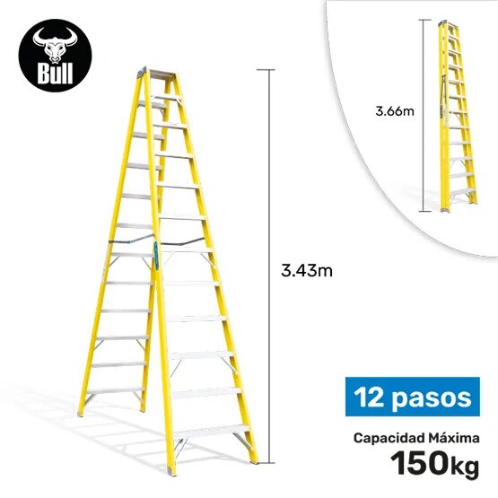 ESCALERA FIBRA TIPO TIJERA DOBLE ACCESO 12 PASOS 150KG 3.66M FTD150-12IA AMERICAN BULL LADDER