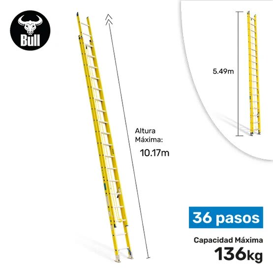 ESCALERA FIBRA TELESCOPICA 36 PASOS 136KG 10.17M FTT136-36IA AMERICAN BULL