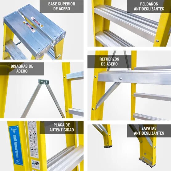 ESCALERA FIBRA TIJERA DOBLE ACCESO 4 PASOS 150KG 1.22M FTD150-4IA AMERICAN BULL4