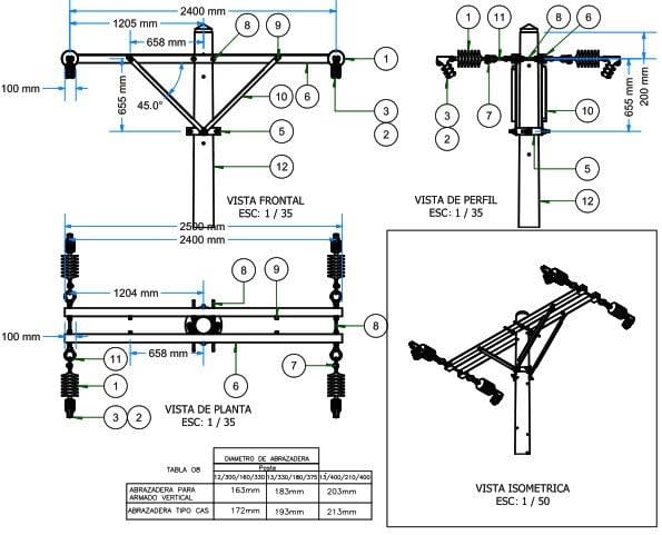 ARMADO TIPO AB6 MONOFASICO BIFILAR DE ANCLAJE Y ANGULO GALV CALIENTE ARAGCU AR1