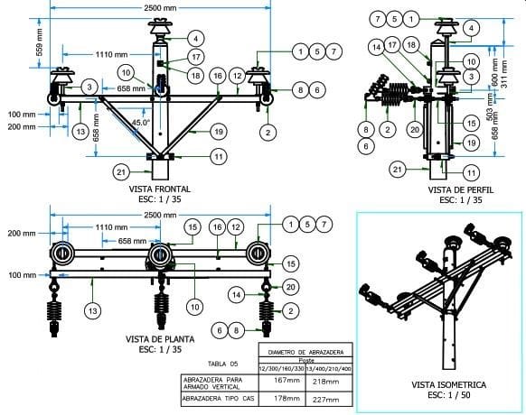 ARMADO TIPO AT4 SIMPLE TRIFASICO DE ANCLAJE Y ALINEAMIENTO GALV CALIENTE ARAGCU AR1