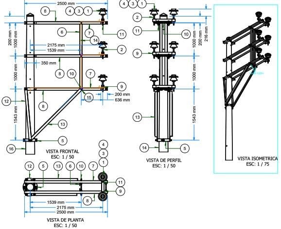 ARMADO TIPO ATBV2 TRIFASICO EN BANDERA VERTICAL DE MEDIA TENSION (0°-5°) GALV CALIENTE ARAGCU AR1