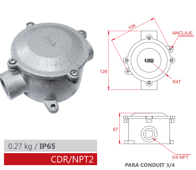 CAJA DE DERIVACIÓN REDONDA 2 SAL ¾” NPT IP65 (CDR/NPT2) AIBAR