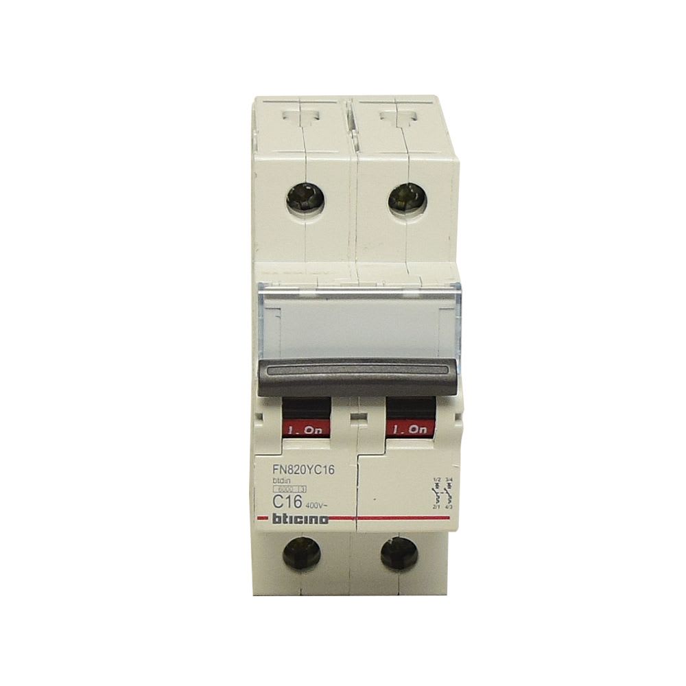 INTERRUPTOR TERMOMAGNÉTICO 2X16A 10/6KA 220/440V TIPO C DIN BTDIN FN820YC16 BTICINO2