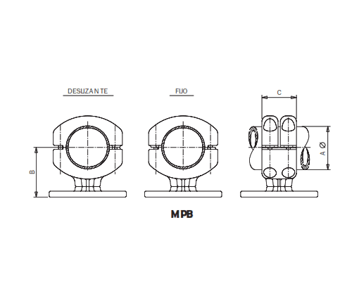 SOPORTE RECTO FIJO DESLIZANTE PARA TUBO MONTADO SOBRE AISLADOR MPB-250 ARAGCU AS1