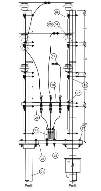 ARMADO TIPO STBVB-3A SUBESTACION ELECTRICA TRIFASICA BIPOSTE ALINE VERTICAL GALV CALIENTE ARAGCU AR1
