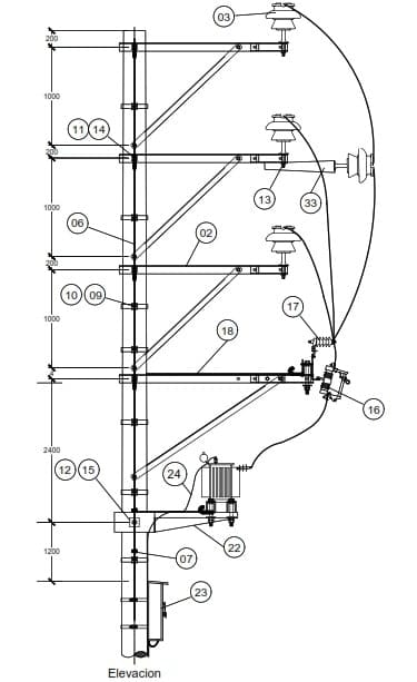 ARMADO TIPO STBVB-3A SUBESTACION ELECTRICA TRIFASICA BIPOSTE ALINE VERTICAL GALV CALIENTE ARAGCU AR2