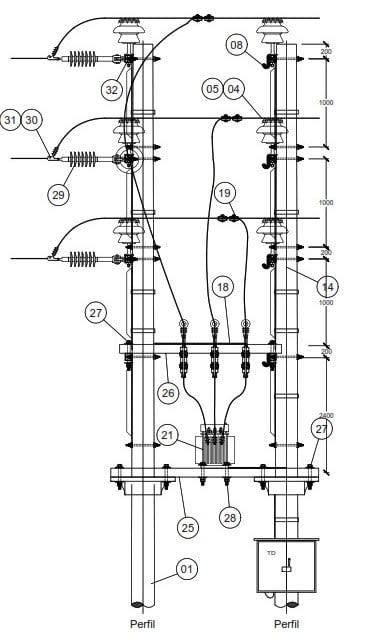ARMADO TIPO STBVB-3F SUBESTACION ELECTRICA TRIFASICA BIPOSTE ANCLA VERTICAL GALV CALIENTE ARAGCU AR3