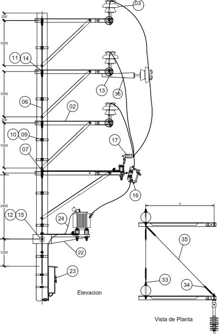 ARMADO TIPO STBVB-3F SUBESTACION ELECTRICA TRIFASICA BIPOSTE ANCLA VERTICAL GALV CALIENTE ARAGCU AR1