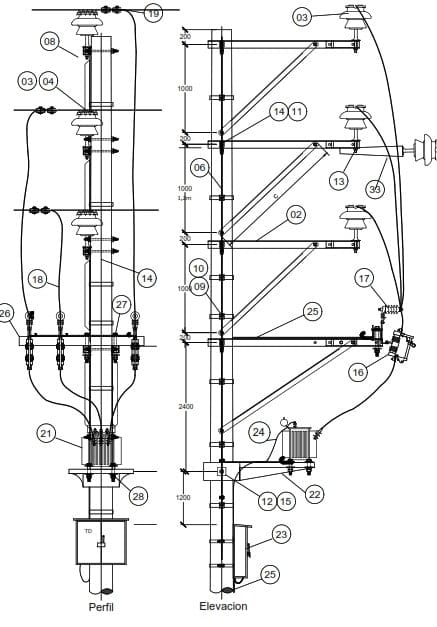 ARMADO TIPO STMVB-3A SUBESTACION ELECTRICA TRIFASICA MONOPOSTE VERTICAL GALV CALIENTE ARAGCU AR1