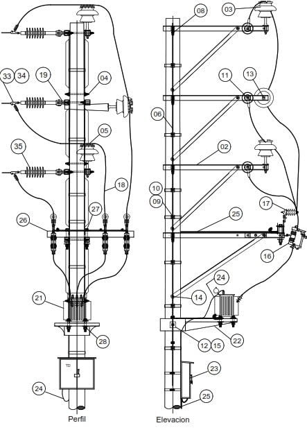 ARMADO TIPO STMVB-3F SUBESTACION ELECTRICA TRIFASICA MONOPOSTE ANCLA VERTICAL GALV CALIENTE ARAGCU