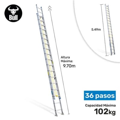 ESCALERA ALUMINIO TELESCOPICA 36 PASOS 102KG 9.70M ATT102-36II AMERICAN BULL