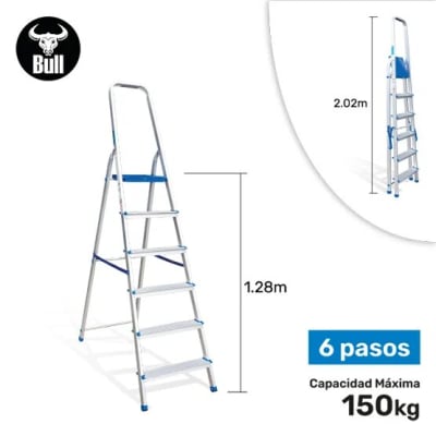 ESCALERA ALUMINIO TIPO BANQUETA 6 PASOS 150KG 1.28M AB150-6IA AMERICAN BULL