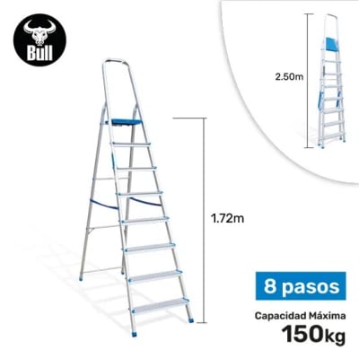 ESCALERA ALUMINIO TIPO BANQUETA 8 PASOS 150KG 1.72M AB150-8IA AMERICAN BULL