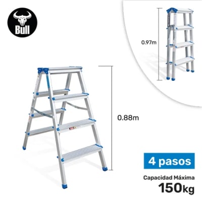 ESCALERA ALUMINIO TIPO BANQUETA DOBLE 4 PASOS 150KG 0.88M ABD150-4IA AMERICAN BULL