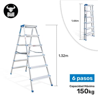 ESCALERA ALUMINIO TIPO BANQUETA DOBLE 6 PASOS 150KG 1.32M ABD150-6IA AMERICAN BULL