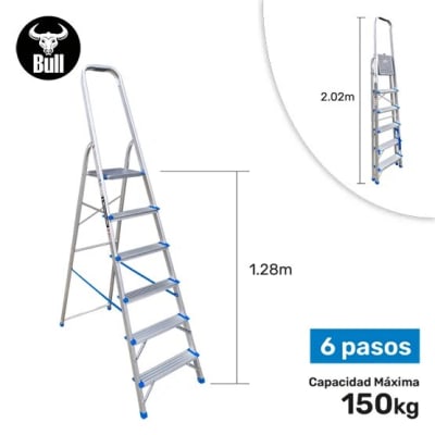 ESCALERA ALUMINIO TIPO BANQUETA ECONOMIC 6 PASOS 150KG 1.28M EAB150-6IA AMERICAN BULL