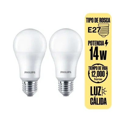 FOCO LED LUZ CALIDA E27 14W X2 AHORRO ENERGETICO Y DURABILIDAD PHILIPS