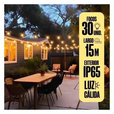 GUIRNALDA LED 30 FOCOS LUZ CALIDA 15M EXTERIOR NEGRO ORANGE