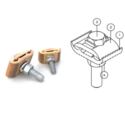 CONECTORES BIFILAR DE BRONCE 2 TAPAS 1 PERNO PARA PUESTA A TIERRA-ESTRUCTURAS METALICAS D:25MM P:Ø1/2''X2'' MODELO 405.221 ARAGCU EI