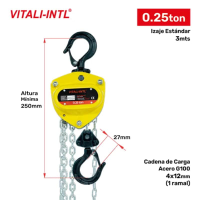TECLE MANUAL 0.25T YAL0025 3MTSCARGA 4X12MM(1) G100 - 3MTSMANDO 3X15X10MM(2) VITALI-INTL