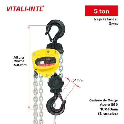 TECLE MANUAL 5T YAL0500 3MTSCARGA 10X30MM(2) G80 - 3MTSMANDO 5X25X17MM(2) VITALI-INTL