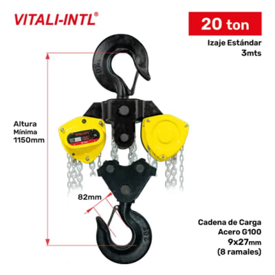 TECLE MANUAL 20T YAL2000 3MTSCARGA 9X27MM(8) G100 - 3MTSMANDO 5X25X18MM(4) VITALI-INTL