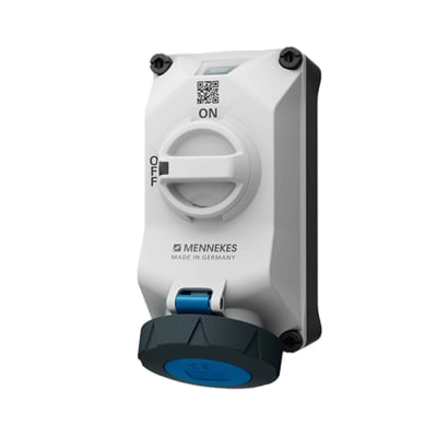 TOMA VISIBLE 32AMP 3P+T 250V C/INTERRUP. POR ENCLAVAM. MECA?NICO AZUL 9H IP67/69 XCONTACT CON LUZ LED MENNEKES
