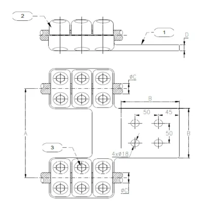 CONECTORES DOBLE ANTICORONA RECTO CABLE-PLATINA C:625-760MM P:125X125X20MM MODELO 999.11 ARAGCU EI