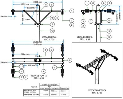ARMADOS TIPO AB6 MONOFASICO BIFILAR DE ANCLAJE Y ANGULO 2400MM GALV CALIENTE ARAGCU AR