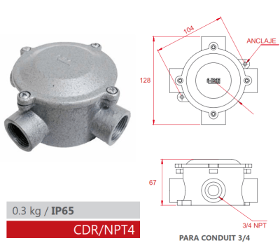 CAJA DE DERIVACION REDONDA 4 SAL ¾