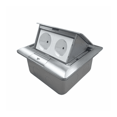 CAJA DE PISO 4 MODULOS (SOFT OPEN) COLOR GRIS + 2 TOMACORRIENTES SCHUKO ONESTO