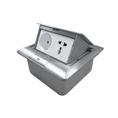 CAJA DE PISO 4 MODULOS (SOFT OPEN) COLOR GRIS + 1 TOMACORRIENTE SCHUKO + 1 TOMACORRIENTE UNIVERSAL ONESTO