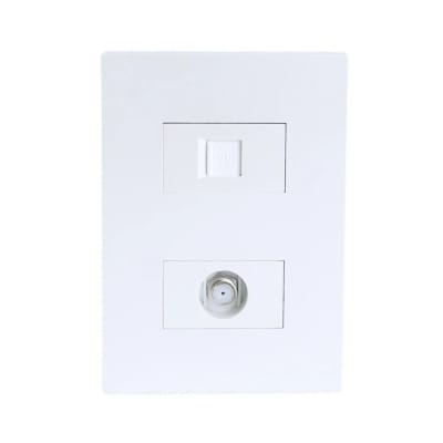 PLACA ARMADA TOMA TV TIPO F + TOMA RJ-11 TELEFONO MATTE BLANCO ORANGE