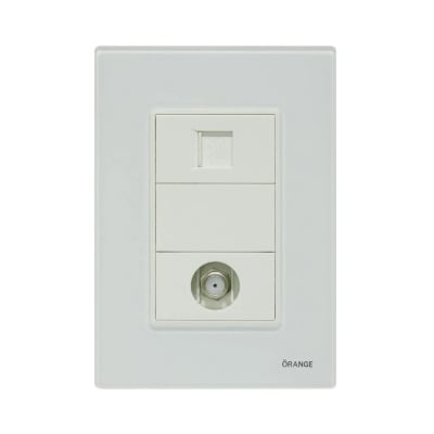 PLACA ARMADA TOMA TV TIPO F + TOMA RJ-11 TELEFONO VITRO BLANCO ORANGE