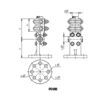 SOPORTE EN T PARA UNION DE TUBOS CUMONTADO SOBRE AISLADOR Ø:25/50MM PDBB-2550* ARAGCU AS