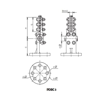 SOPORTE EN T TUBO/BORNA PASANTE Y DERIVADO CABLE CU MONTADO SOBRE AISLADOR PDBC3-30150* ARAGCU AS