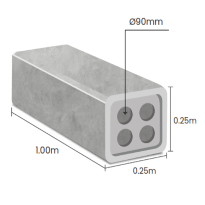 DUCTO DE CONCRETO ARMADO VIBRADO 4 VIAS Ø90MM 0.25X0.25X1.0M 99KG NACIONAL