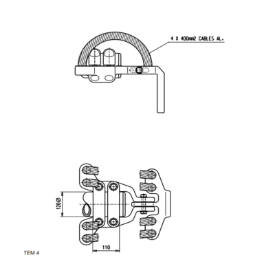 CONEXIÓN A 90º FLEXIBLE ANODO MASIVO TUBO d120 A PALA 125x125 MLFBP-12088/4/400 ARAGCU AS