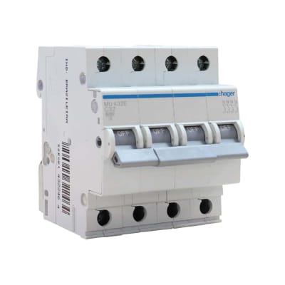 INT AUTOM TERMOMAGNETICO CURVA C 4×32 AMP 6KA/400 IEC 60898 Y 10KA/400 ICE 60947-2 HAGER