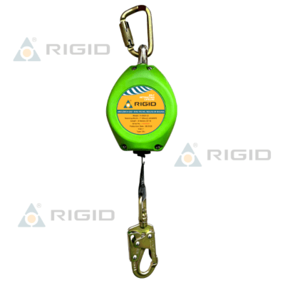 LINEA RETRACTIL N 9420 20 LONGITUD:6 M (20 FT) CABLE DE ACERO:4.8 MM (3/16'') ABSORBEDOR INTERNO MOSQUETON N 252 + GANCHO ACERO 21 MM N 3615 RIGID