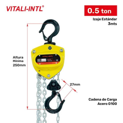 TECLE MANUAL 0.5T YAL0050 3MTSCARGA 5X15MM G80 - 3MTS MANDO 5X25X17MM VITALI-INTL