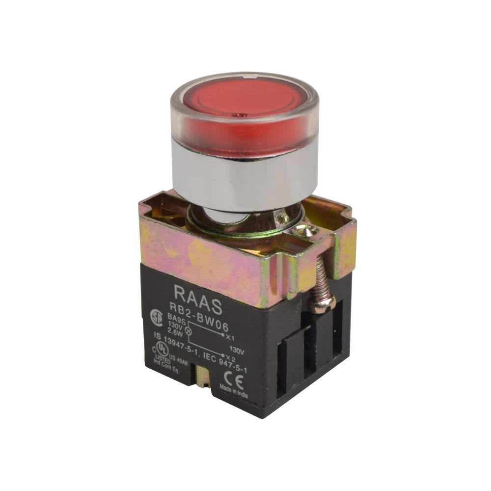 PULSADOR LUMINOSO RASANTE ROJO 22MM C/LAMPARA 130VAC BLOCK RCB2-BW346 TC1