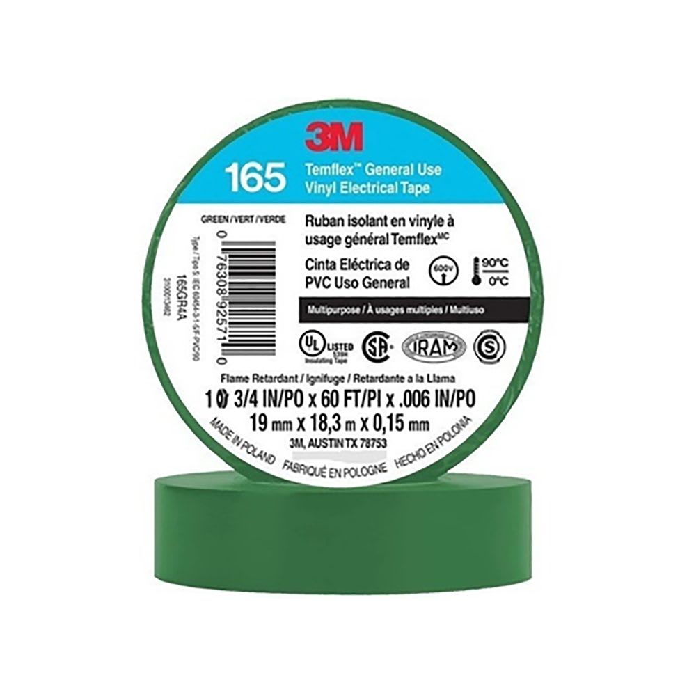 CINTA AISLANTE VINILICA TEMFLEX 165 3/4''X18MTS VERDE UU009472620 3M1