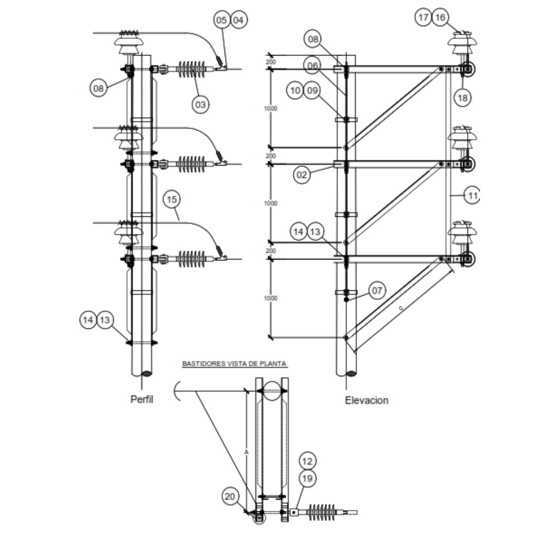 ARMADO TIPO PTVB-3 SOPORTE TERMINAL EN BASTIDORES TRIFASICO DISP. VERTICAL GALV CALIENTE ARAGCU AR