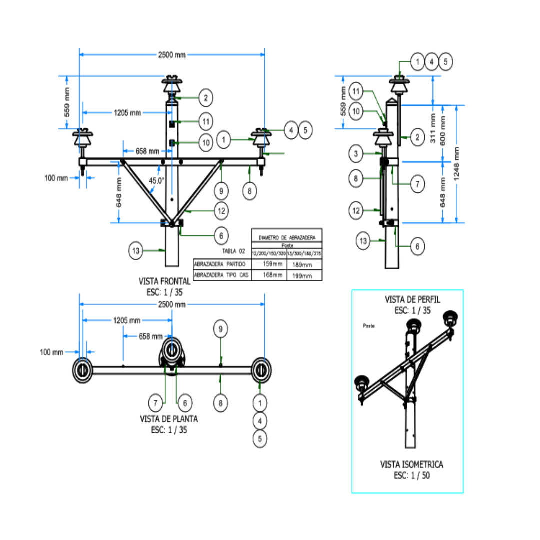 ARMADO TIPO AT1 TRIFASICO DE ANCLAJE Y ANGULO SIMPLE GALV CALIENTE ARAGCU AR1